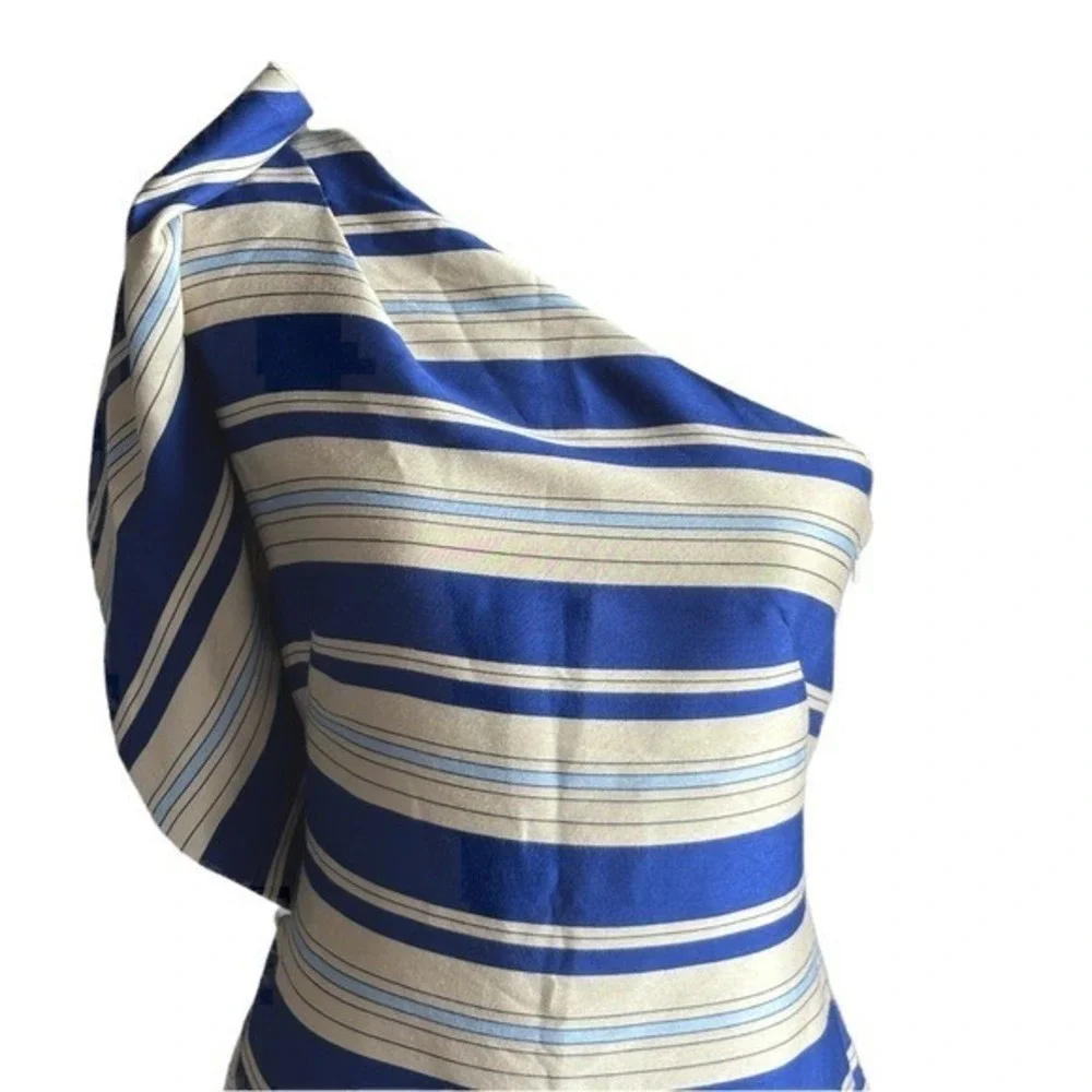 Banana Republic One Shoulder Dress NWT Women's 4 Blue Striped‎ Ruffle Sheath